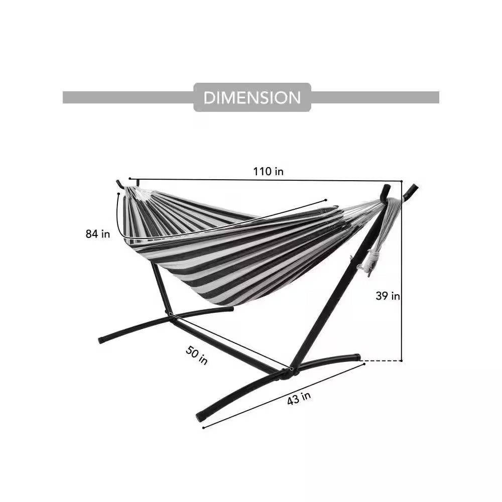 Camping Outdoor Classic Hammock with 9FT Space Saving Steel Stand Head Pillow Carrying Bag in Black & White Striped