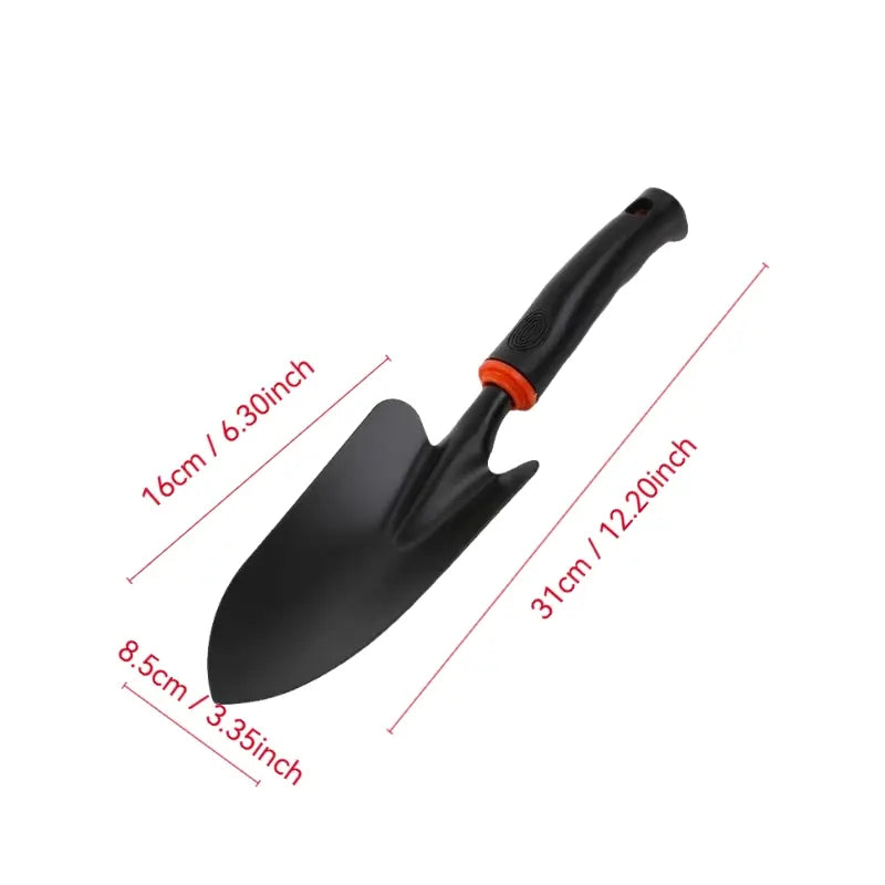 A Set of Four Outdoor Gardening Tools Including a Small Shovel for Planting Flowers, a Five-Pronged Rake, a Double-Headed Rake, Metal Tool Kit