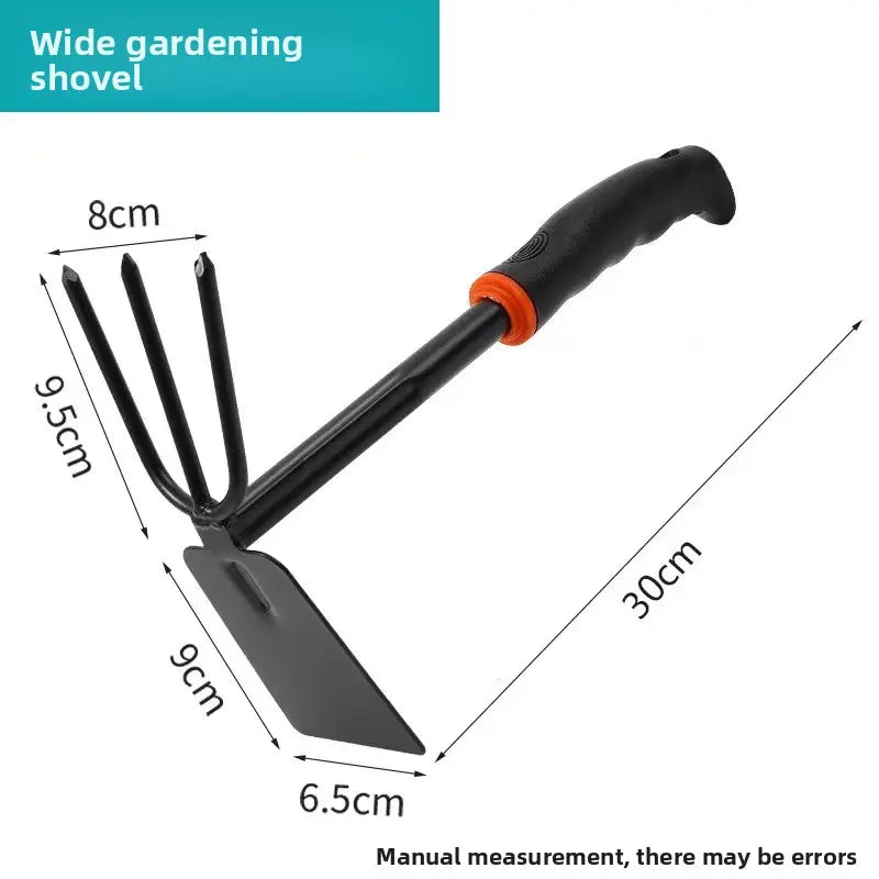 A Set of Four Outdoor Gardening Tools Including a Small Shovel for Planting Flowers, a Five-Pronged Rake, a Double-Headed Rake, Metal Tool Kit
