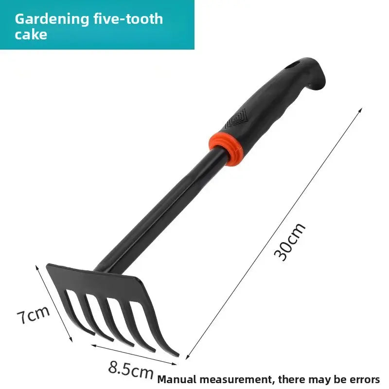A Set of Four Outdoor Gardening Tools Including a Small Shovel for Planting Flowers, a Five-Pronged Rake, a Double-Headed Rake, Metal Tool Kit