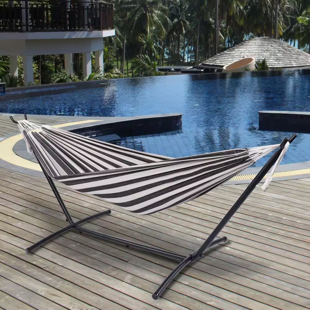 Camping Outdoor Classic Hammock with 9FT Space Saving Steel Stand Head Pillow Carrying Bag in Black & White Striped