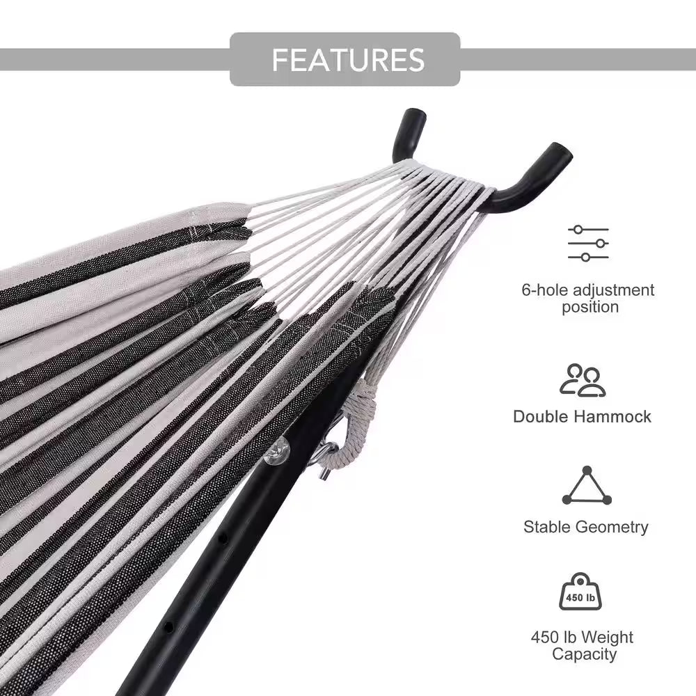 Camping Outdoor Classic Hammock with 9FT Space Saving Steel Stand Head Pillow Carrying Bag in Black & White Striped