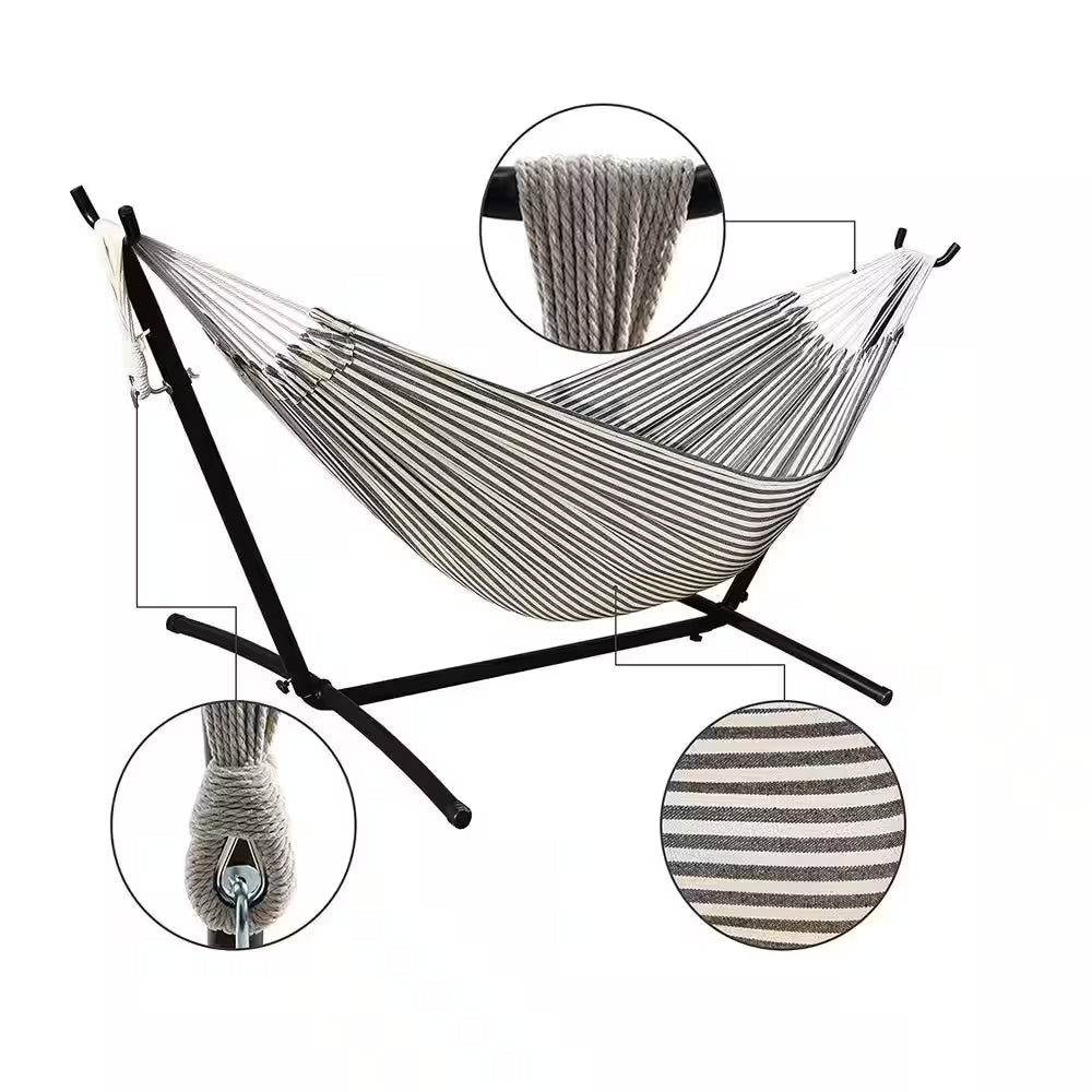 Camping Outdoor Classic Hammock with 9FT Space Saving Steel Stand Head Pillow Carrying Bag in Black & White Striped