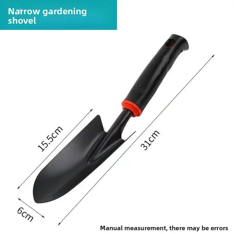 A Set of Four Outdoor Gardening Tools Including a Small Shovel for Planting Flowers, a Five-Pronged Rake, a Double-Headed Rake, Metal Tool Kit