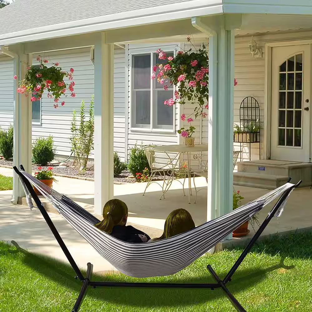 Camping Outdoor Classic Hammock with 9FT Space Saving Steel Stand Head Pillow Carrying Bag in Black & White Striped