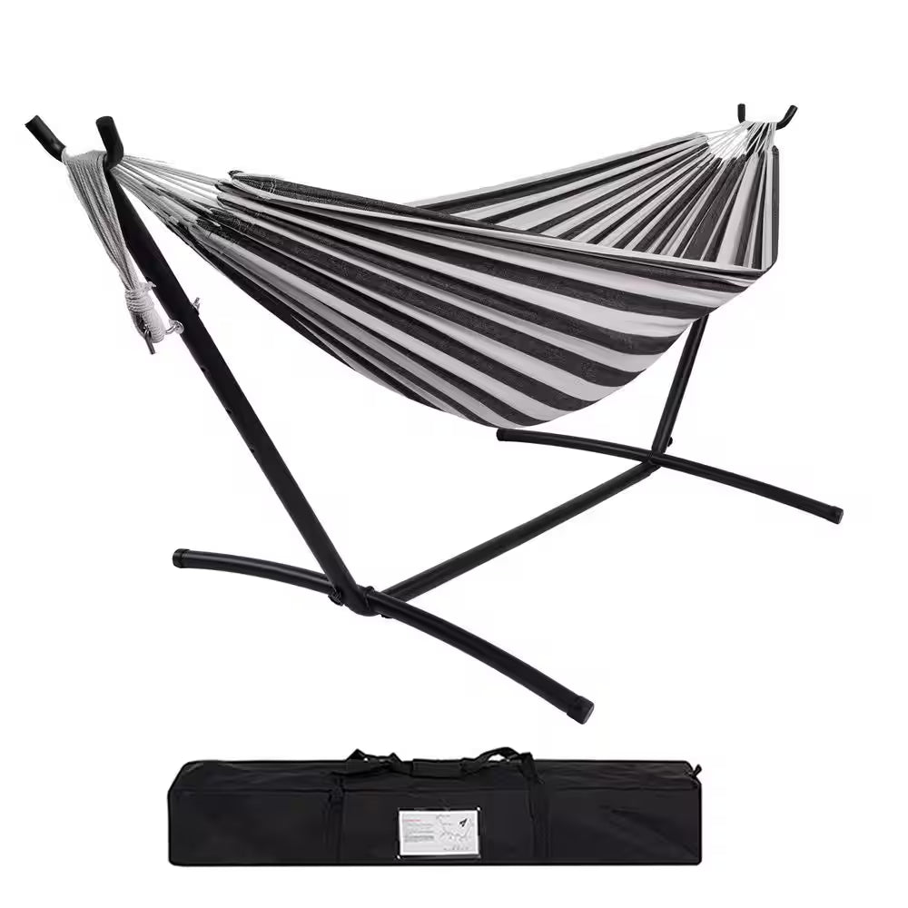 Camping Outdoor Classic Hammock with 9FT Space Saving Steel Stand Head Pillow Carrying Bag in Black & White Striped