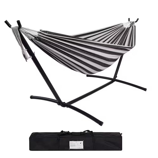 Camping Outdoor Classic Hammock with 9FT Space Saving Steel Stand Head Pillow Carrying Bag in Black & White Striped