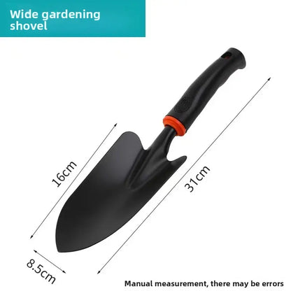 A Set of Four Outdoor Gardening Tools Including a Small Shovel for Planting Flowers, a Five-Pronged Rake, a Double-Headed Rake, Metal Tool Kit